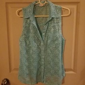 Turquoise lace sleeveless collared top size L NWOT